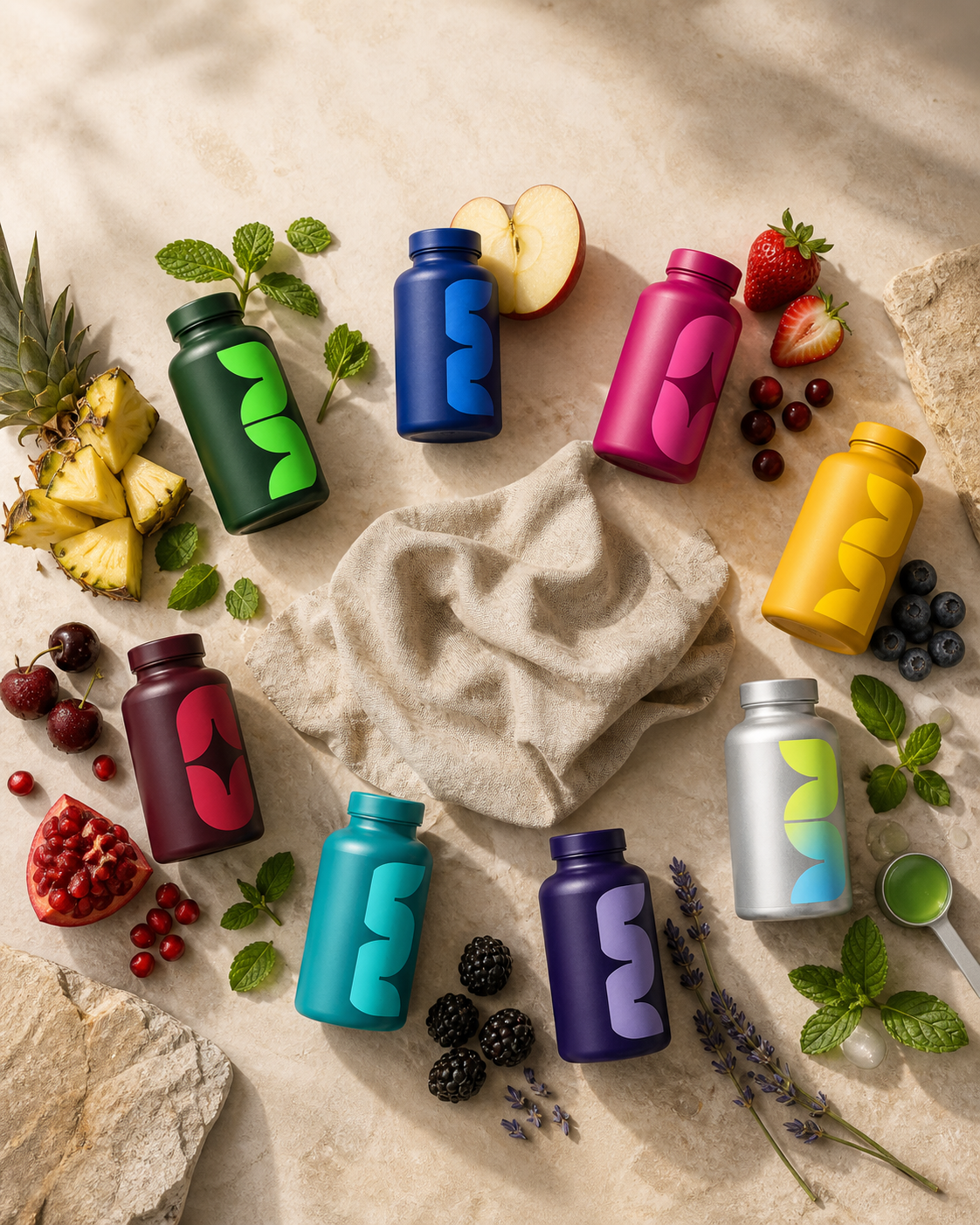 The myGUMM range surrounded by fruit, herbs, and flavour cues