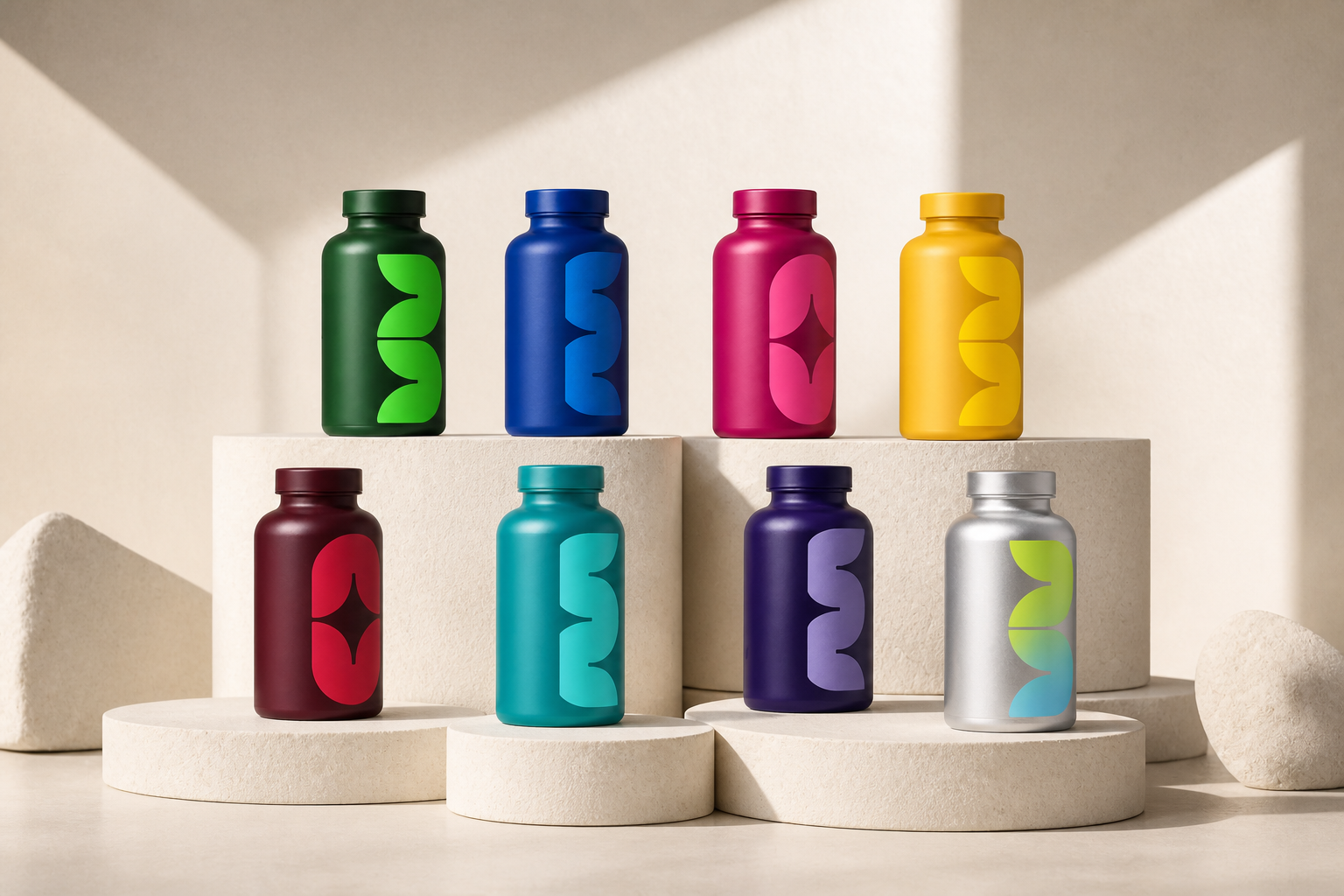 The complete eight-product myGUMM range arranged on sculptural stone plinths